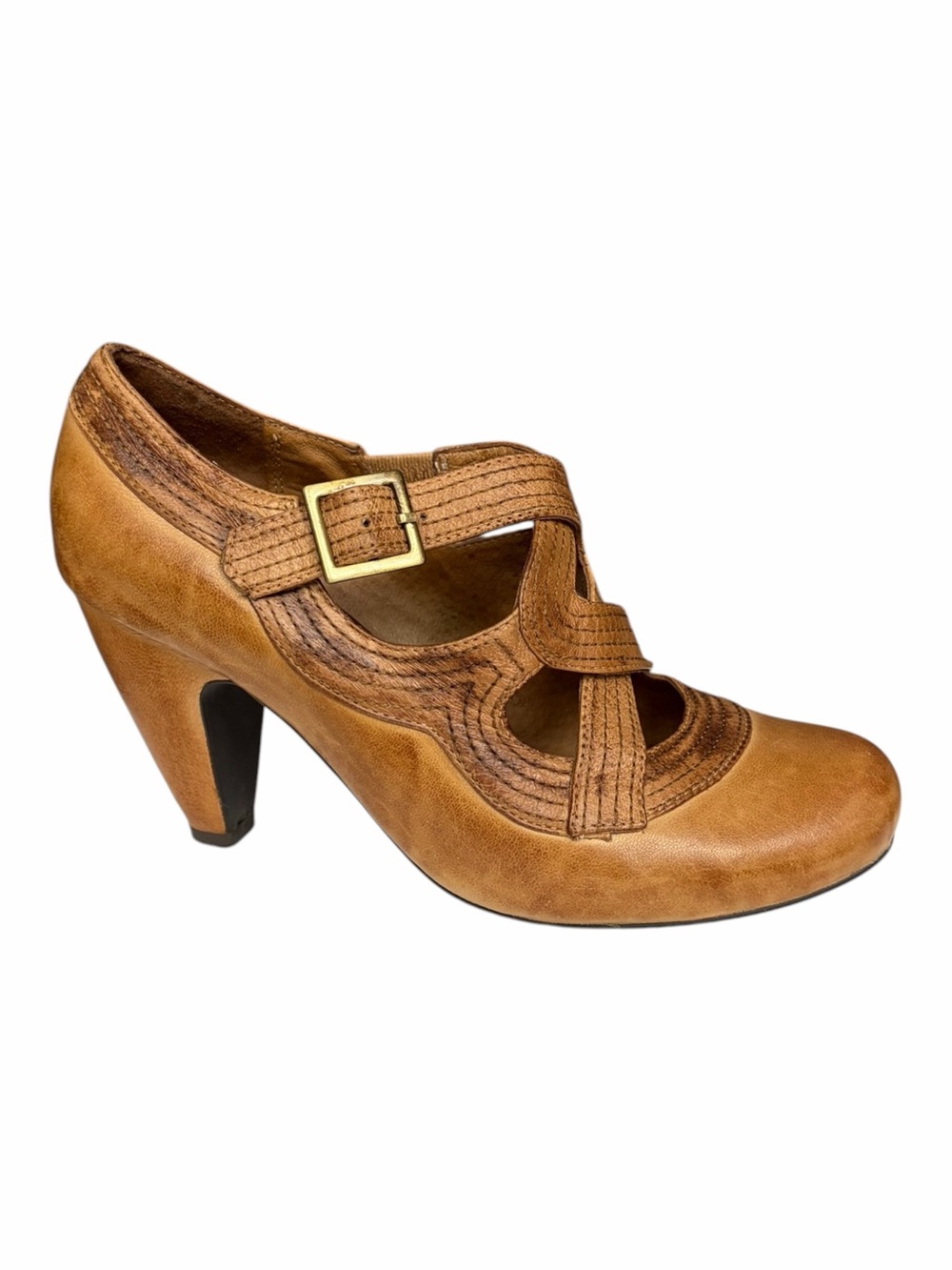 Miz Mooz Tan Leather Cutout Mary Jane Heels Size 8, Scarlett Pumps Distressed